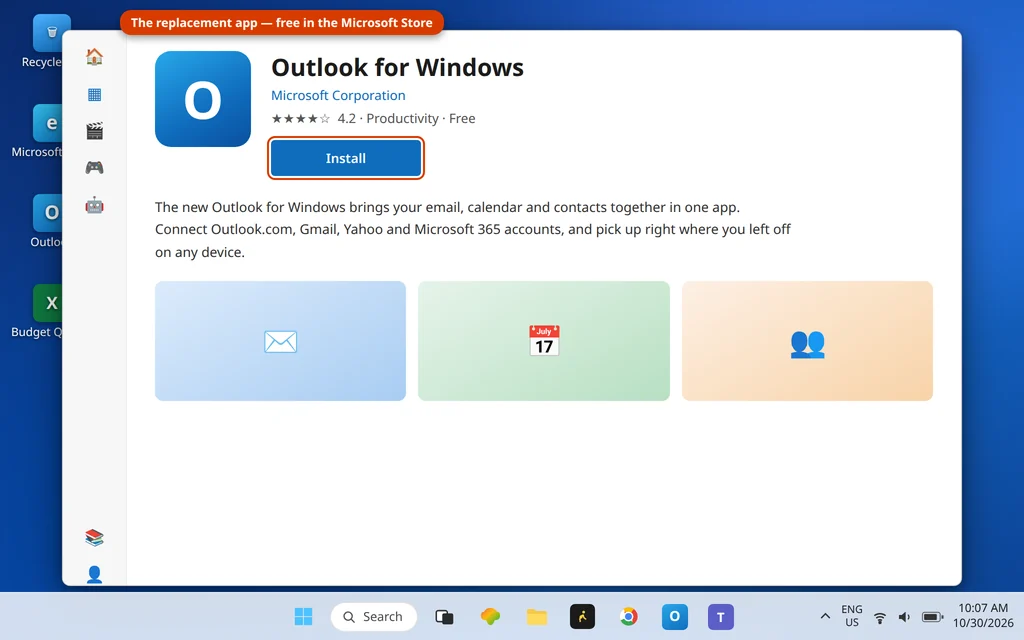 Microsoft Store page for Outlook for Windows ready to install as the replacement for the retired Mail app