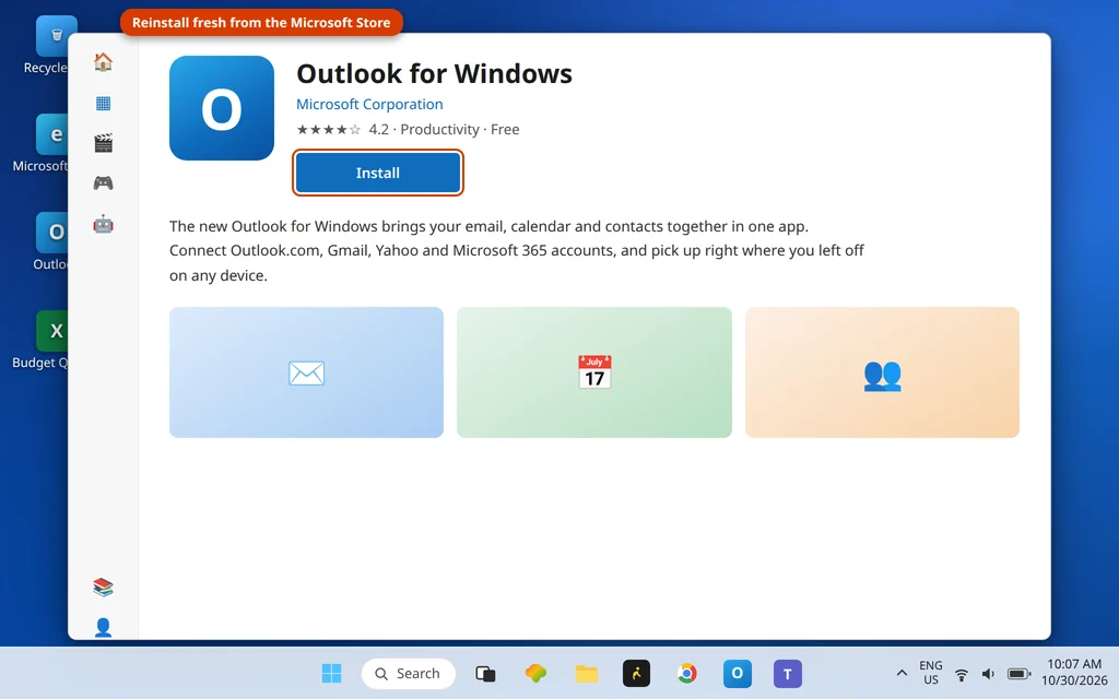Microsoft Store page for Outlook for Windows with the Install button