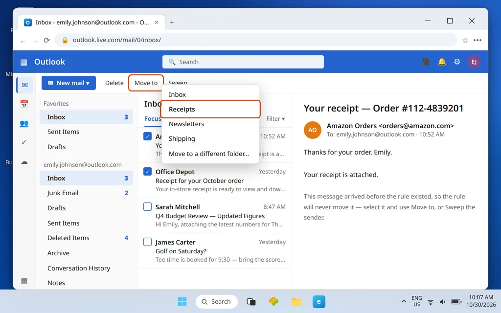 Outlook.com message list with existing emails selected and the Move to menu open to file the backlog by hand