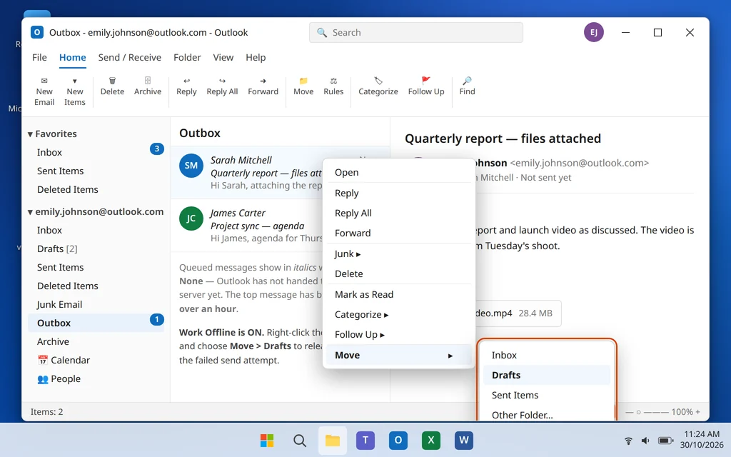 Moving a stuck email from the Outbox to the Drafts folder in Outlook