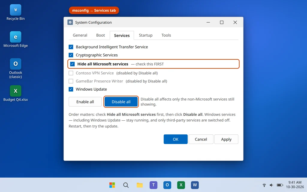 System Configuration Services tab with Hide all Microsoft services checked before clicking Disable all