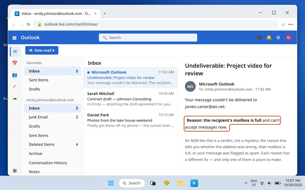 Outlook.com inbox showing a non-delivery receipt with the reason the recipients mailbox is full highlighted