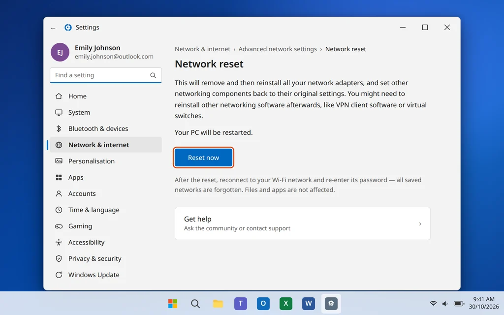 Network reset page in Windows 11 Settings with the Reset now button