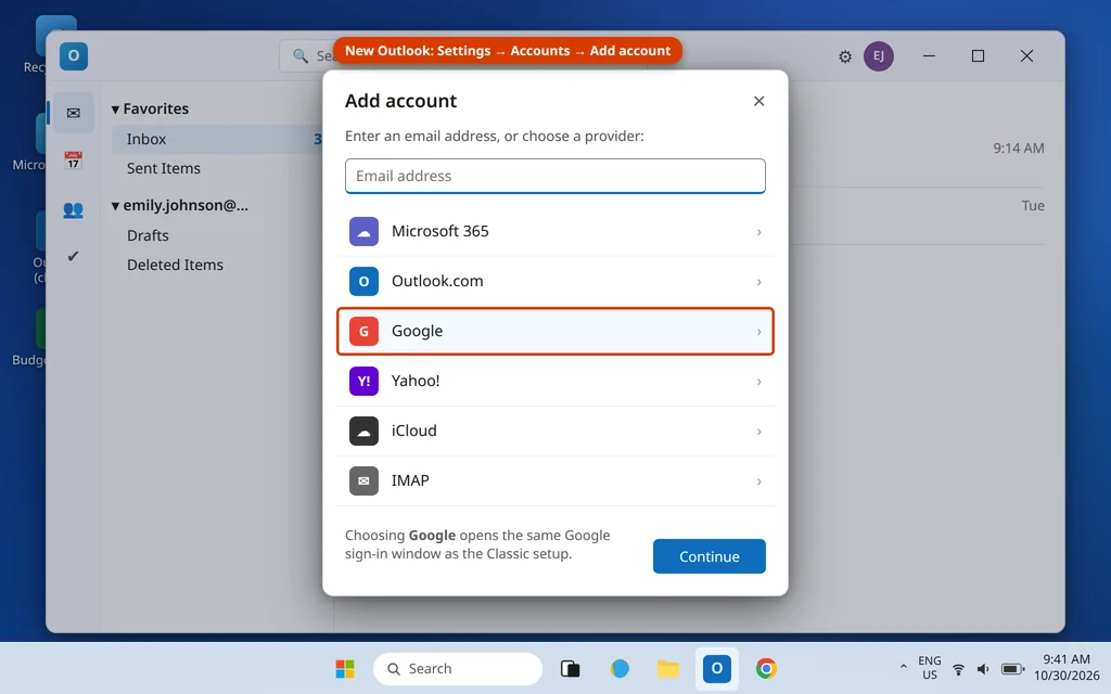 New Outlook Add account window with Google selected as the provider