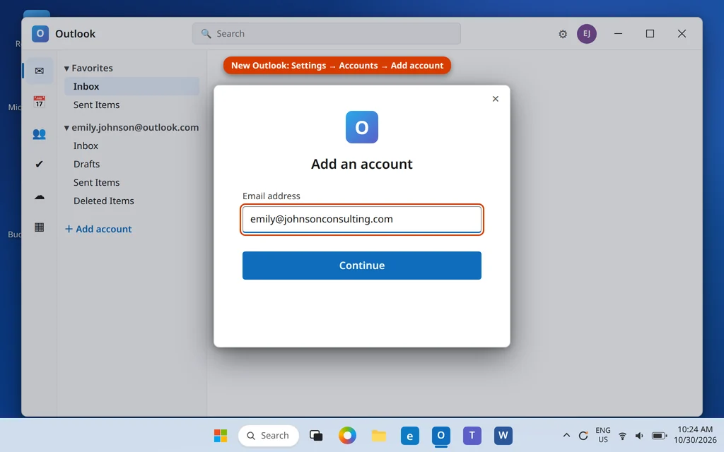 Add an account dialog in the new Outlook with a business email address entered
