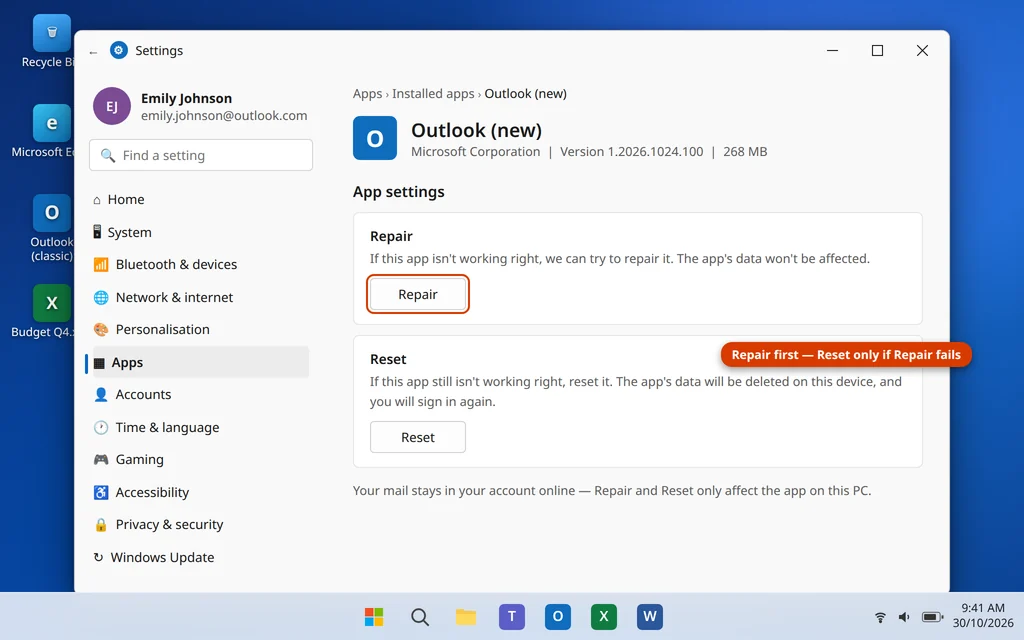Repair and Reset options for the new Outlook app in Windows Settings Advanced options