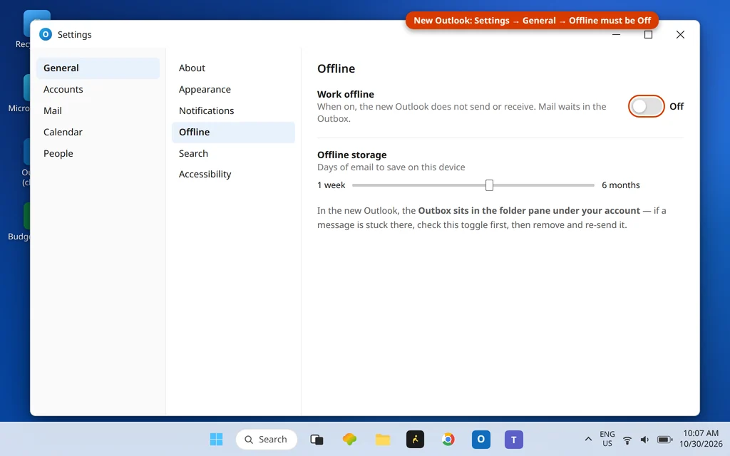 New Outlook Settings General Offline page showing email saved for offline use