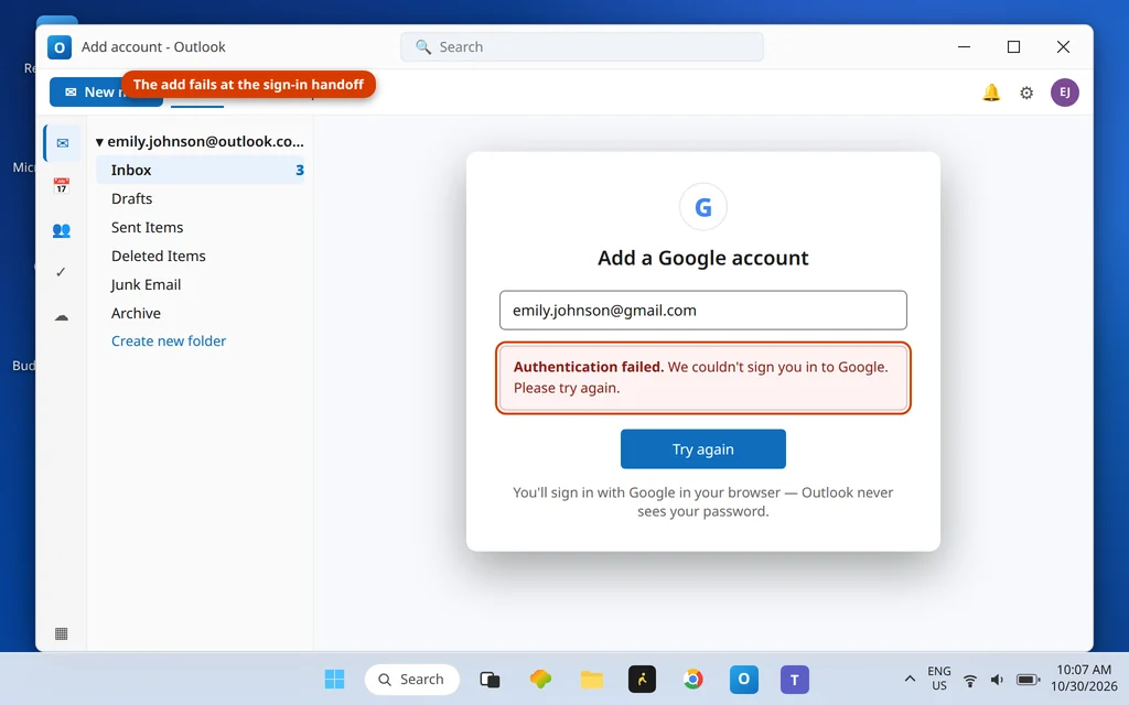 New Outlook add account screen for a Gmail address showing authentication failed and asking to try again