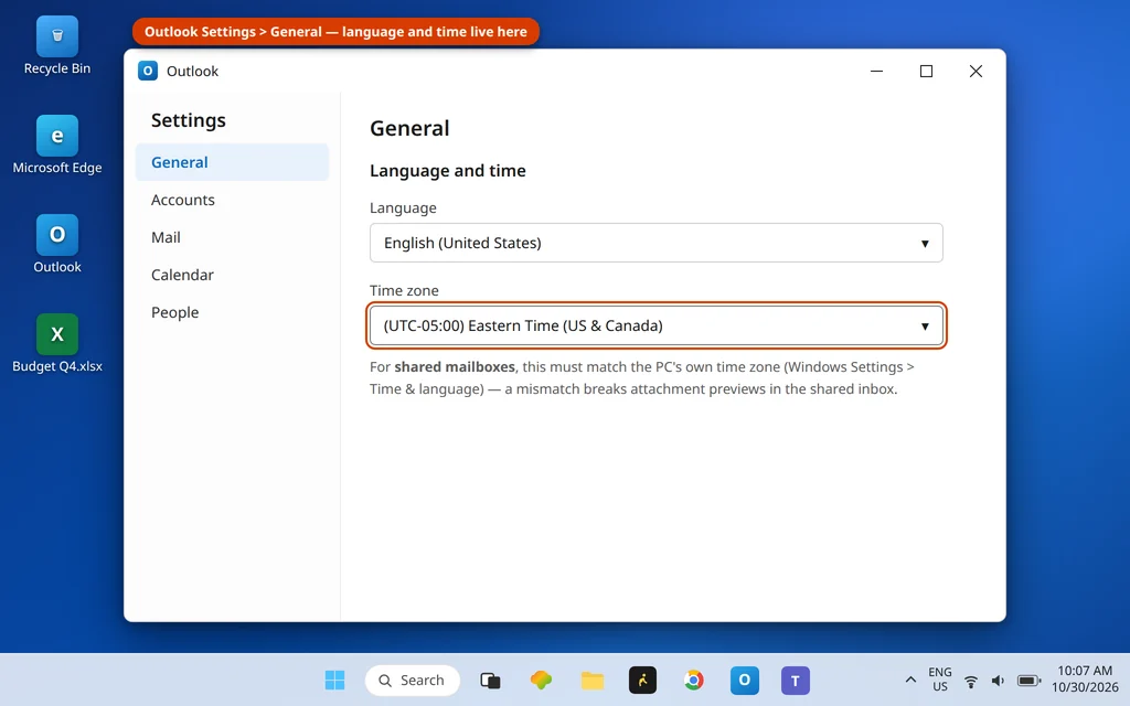 New Outlook Settings General Language and time page with the time zone setting
