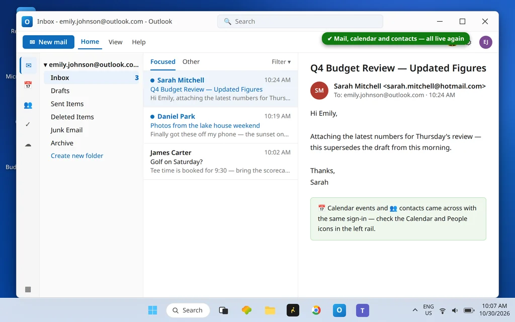 New Outlook open with the account signed in and mail and calendar available after moving from the Mail app