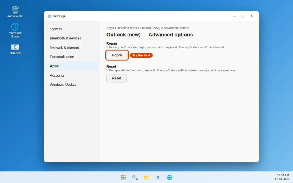 Repair and Reset options for Outlook (new) in Windows Settings Advanced options