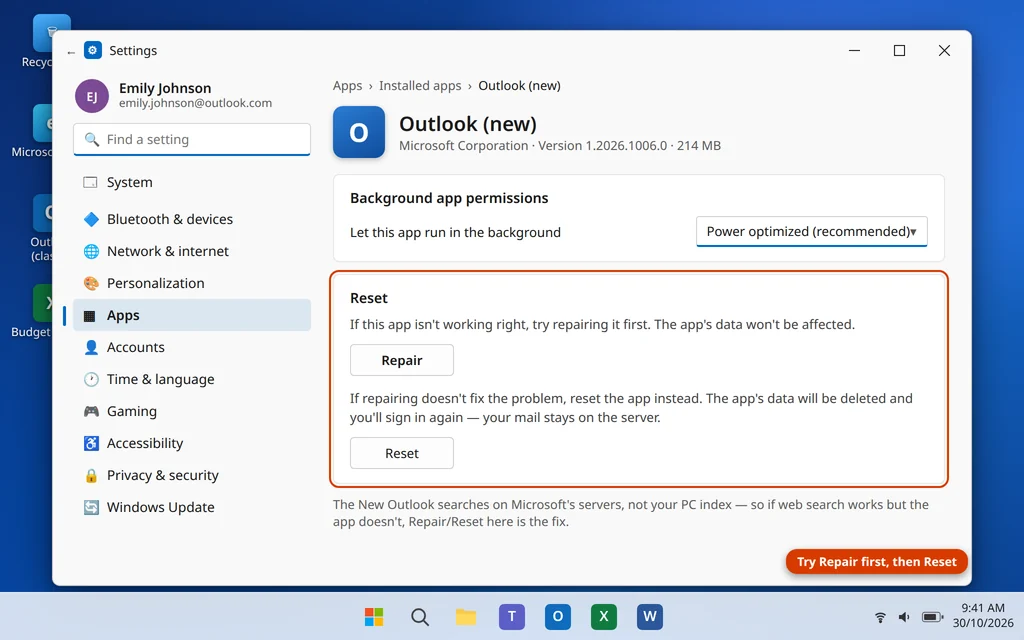 Repair or Reset the New Outlook app from Windows Settings Advanced options when search fails