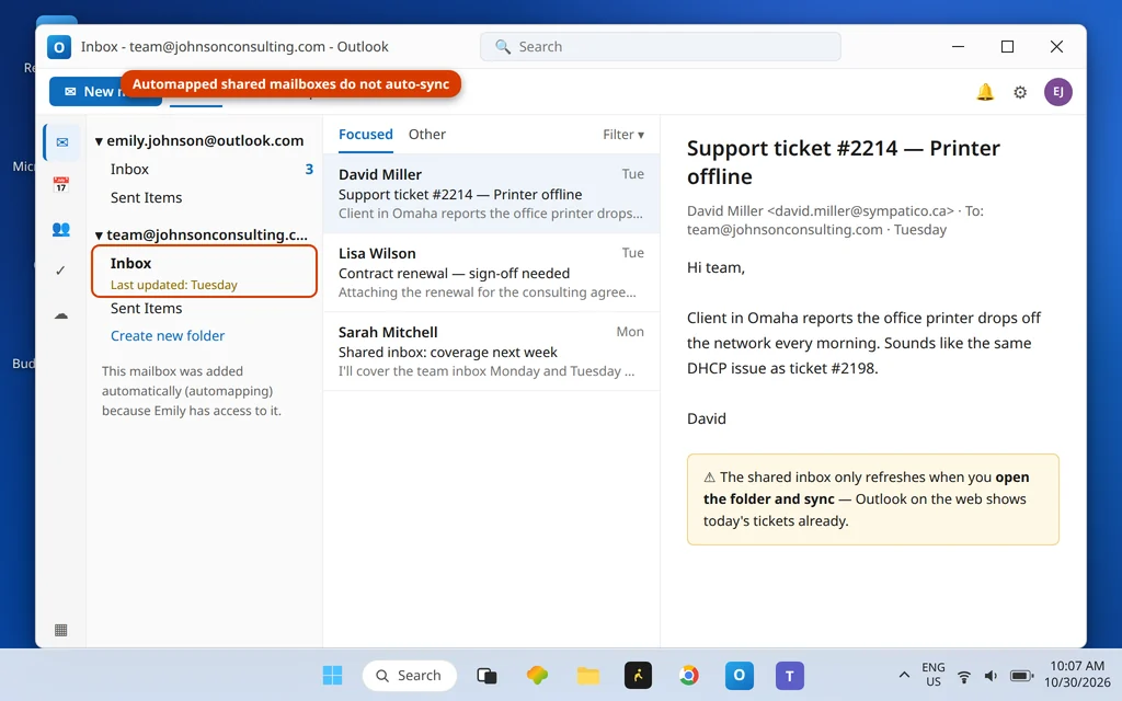New Outlook folder pane showing a shared mailbox under the account with the Sync command highlighted