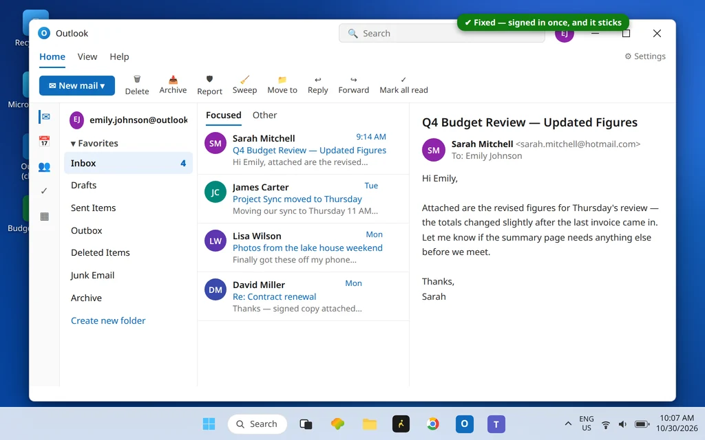 New Outlook open and signed in normally with the password prompt loop fixed