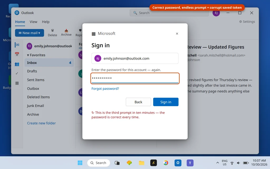 New Outlook sign in prompt appearing again for emily.johnson@outlook.com with the correct password already entered