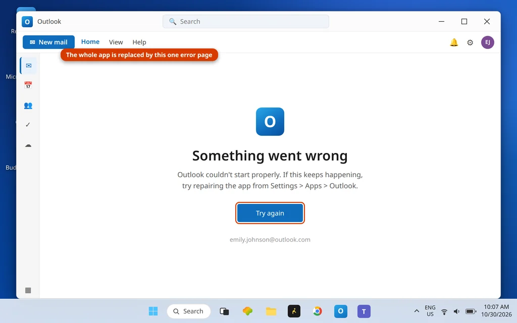 New Outlook for Windows showing the Something went wrong error page instead of the inbox
