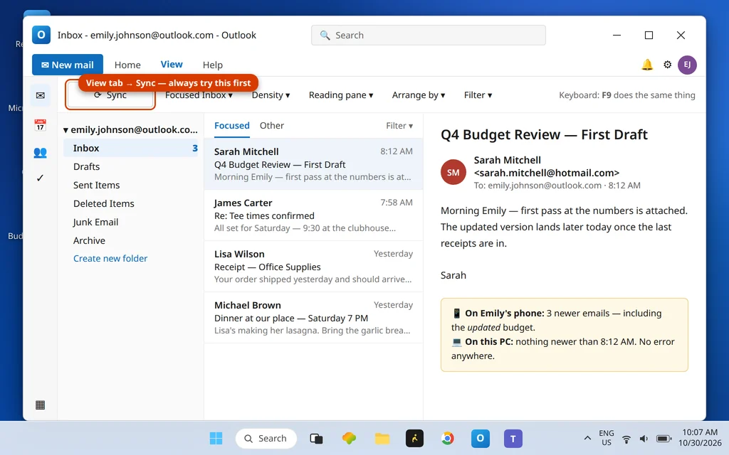 New Outlook View tab with the Sync button highlighted to force a manual sync