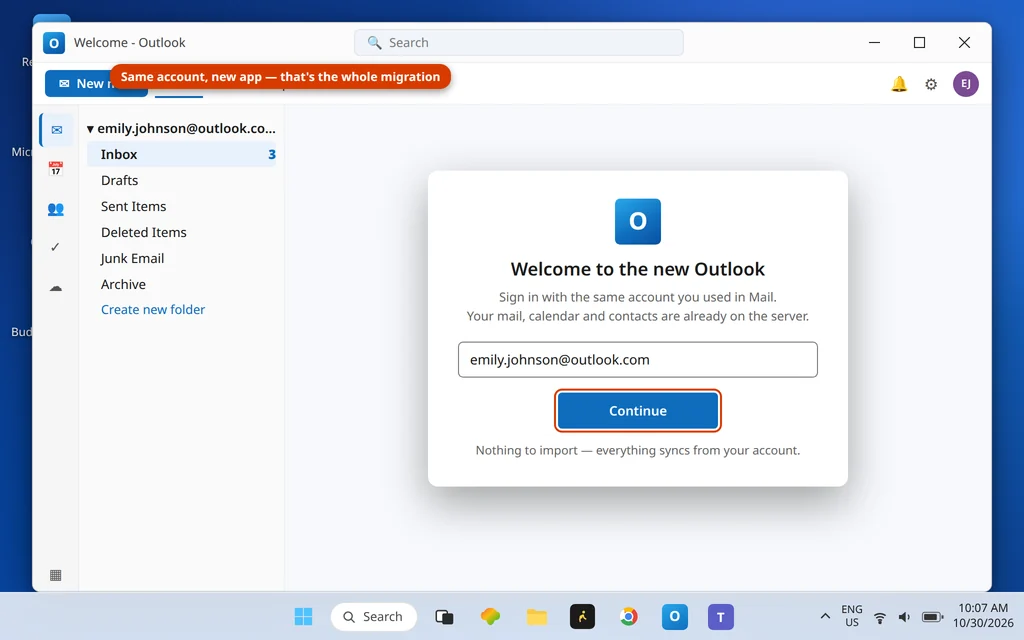 New Outlook first-run sign-in screen asking for the email account to add