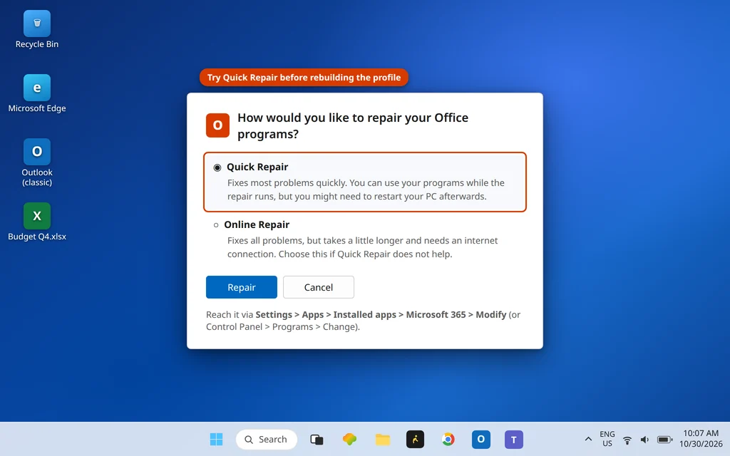 Microsoft Office repair dialog with Quick Repair selected
