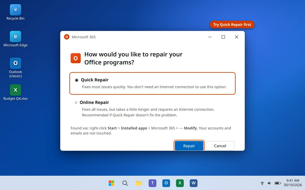 Quick Repair and Online Repair options for Microsoft 365 in the repair dialog