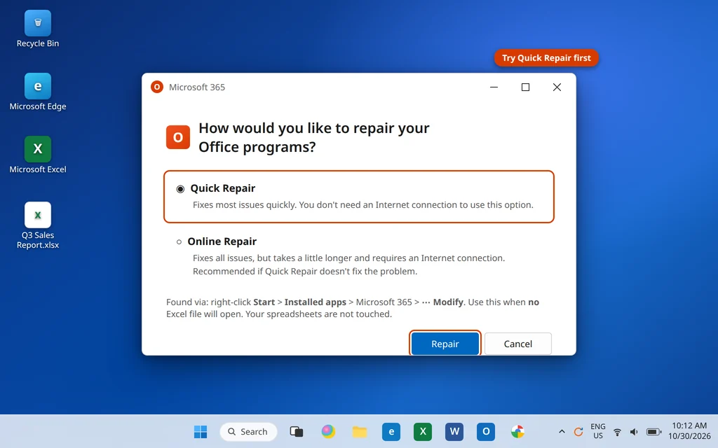 Quick Repair and Online Repair options for Microsoft 365 in the repair dialog