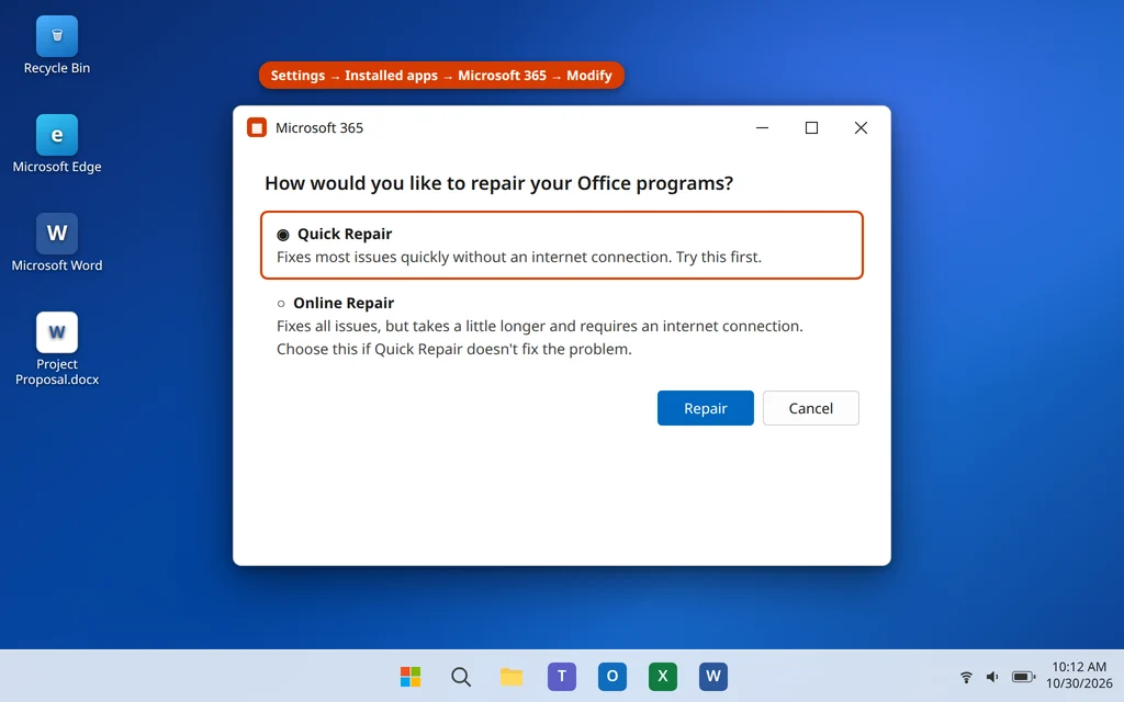 Quick Repair and Online Repair options for Microsoft 365 in the Office repair dialog
