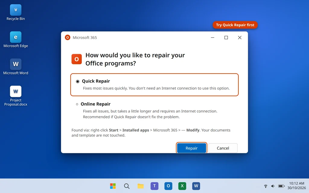 Quick Repair and Online Repair options for Microsoft 365 in the repair dialog
