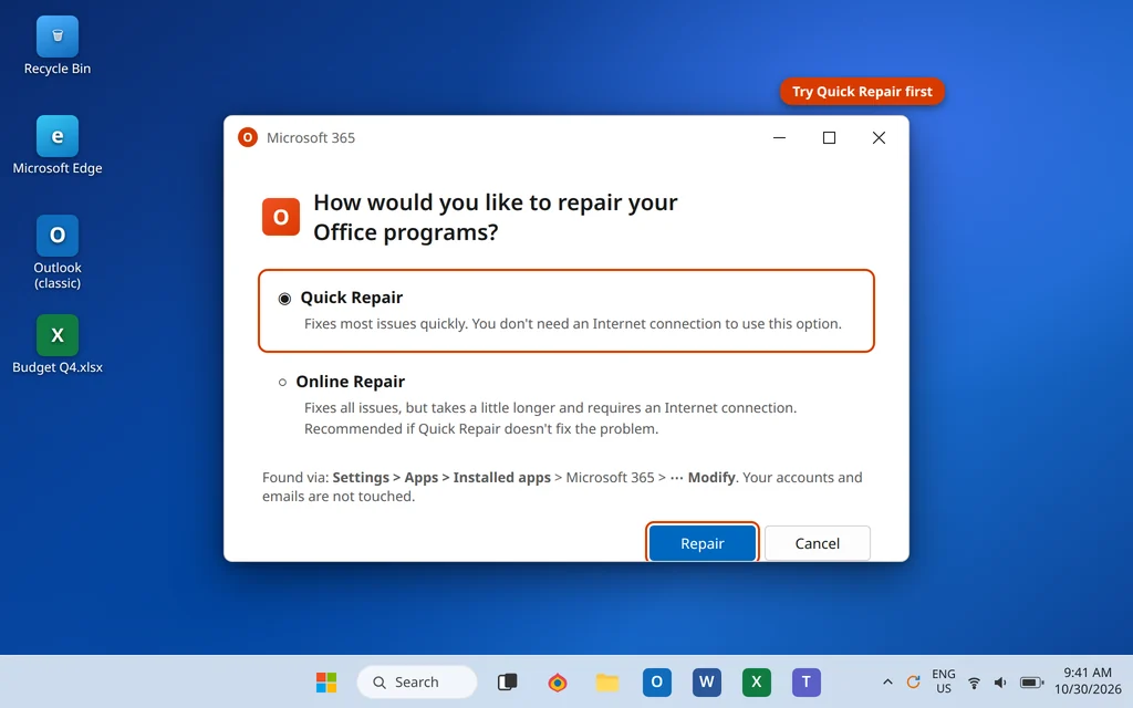 Quick Repair and Online Repair options for Microsoft 365 with Quick Repair selected