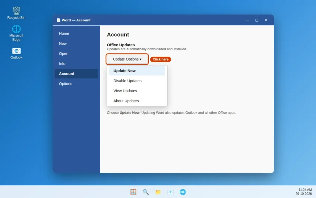 Update Microsoft Office from the Word Account page using Update Now