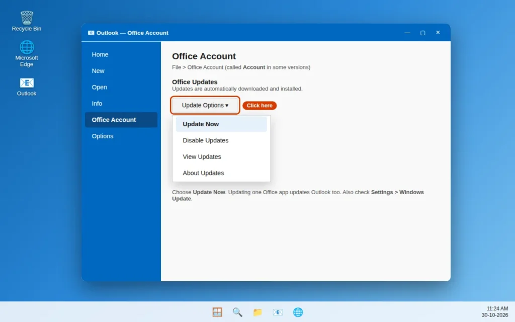 Office Account Update Options menu with Update Now to update Outlook