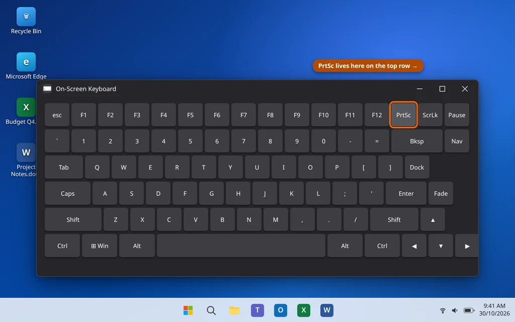 Windows 11 On-Screen Keyboard showing the PrtSc key location