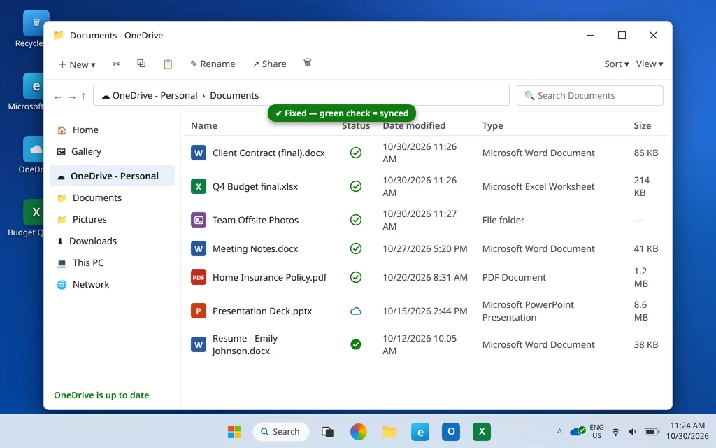 OneDrive files all showing green check marks after the red X errors are fixed