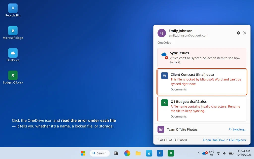OneDrive panel listing sync issues - a locked file and a file name with invalid characters