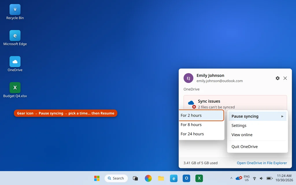 Pause syncing menu in OneDrive with 2 hours, 8 hours and 24 hours options