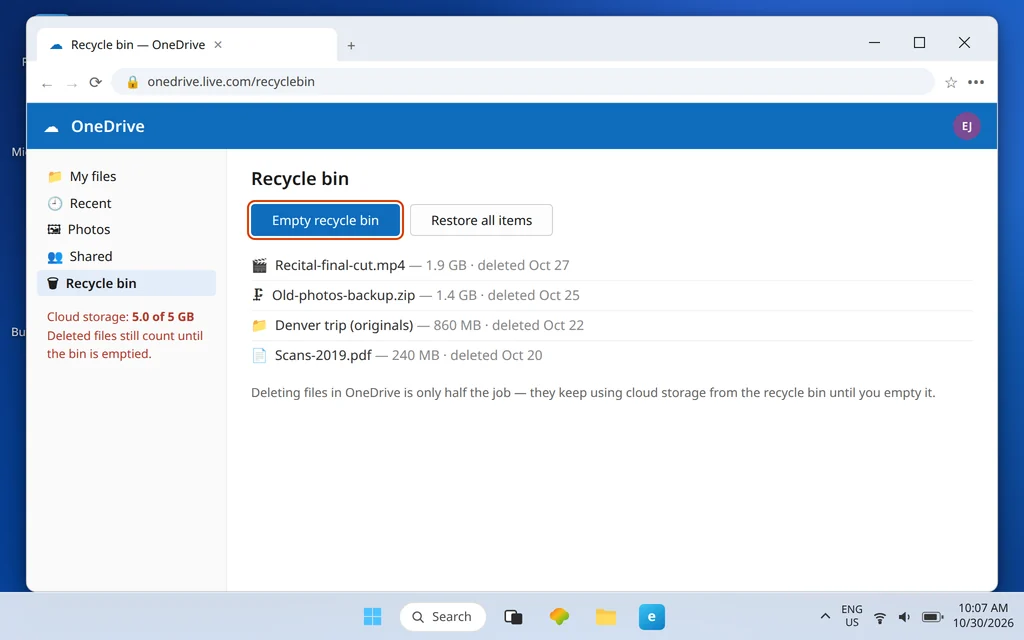 OneDrive recycle bin with Empty recycle bin highlighted — deleted OneDrive files still count toward the 5 GB Microsoft cloud storage shared with Outlook.com attachments until the bin is emptied