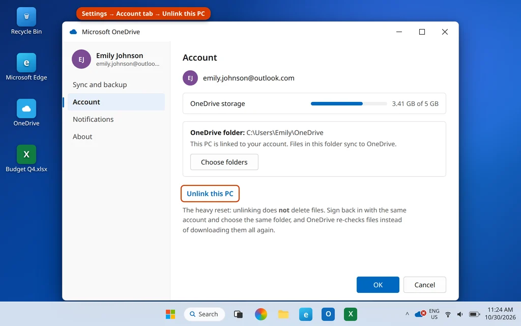 Unlink this PC on the Account tab of OneDrive Settings in Windows 11