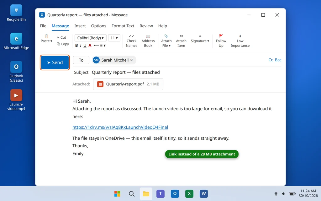Outlook email with a OneDrive sharing link pasted instead of a large attachment