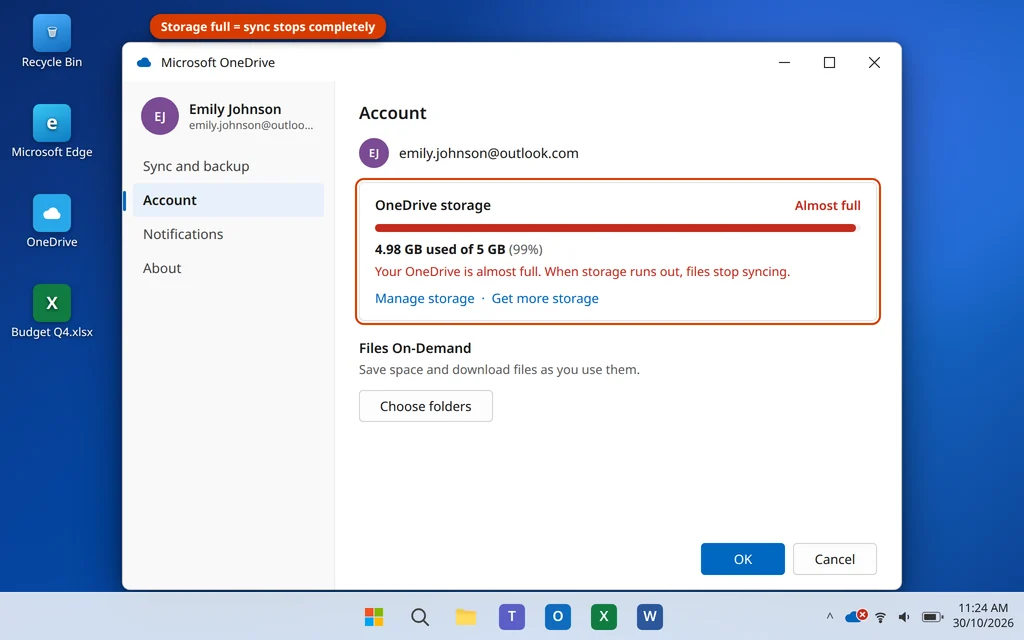 OneDrive Settings Account tab showing storage quota nearly full in Windows 11