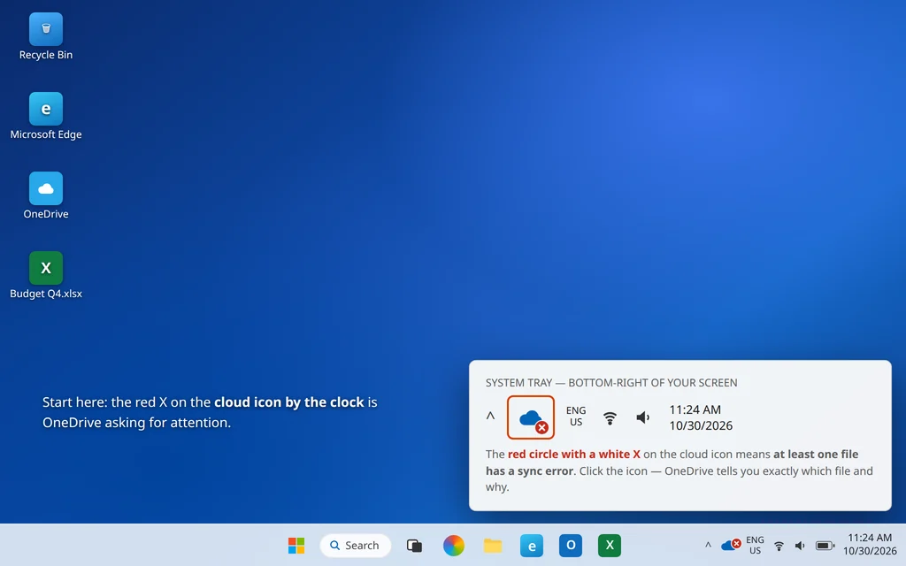 OneDrive tray icon with a red X badge next to the clock in Windows 11