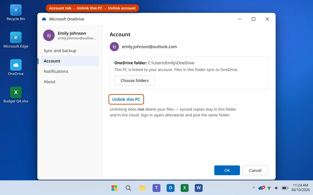 Unlink this PC option on the Account tab of OneDrive Settings in Windows 11