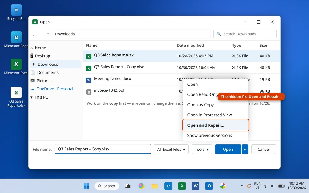 Open and Repair option in the Excel Open dialog dropdown for a damaged spreadsheet