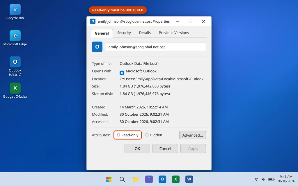 Outlook data file Properties dialog with the Read-only attribute unchecked