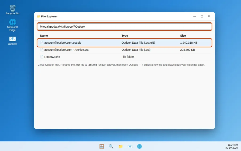 Outlook OST data file in the Microsoft Outlook folder in File Explorer ready to rename