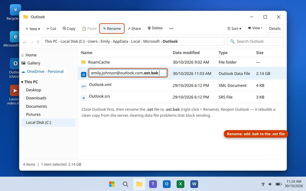 Renaming the OST file in the Microsoft Outlook folder in File Explorer