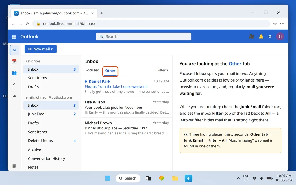 Outlook.com inbox with the Other tab of Focused Inbox selected, where low-priority mail including expected messages collects