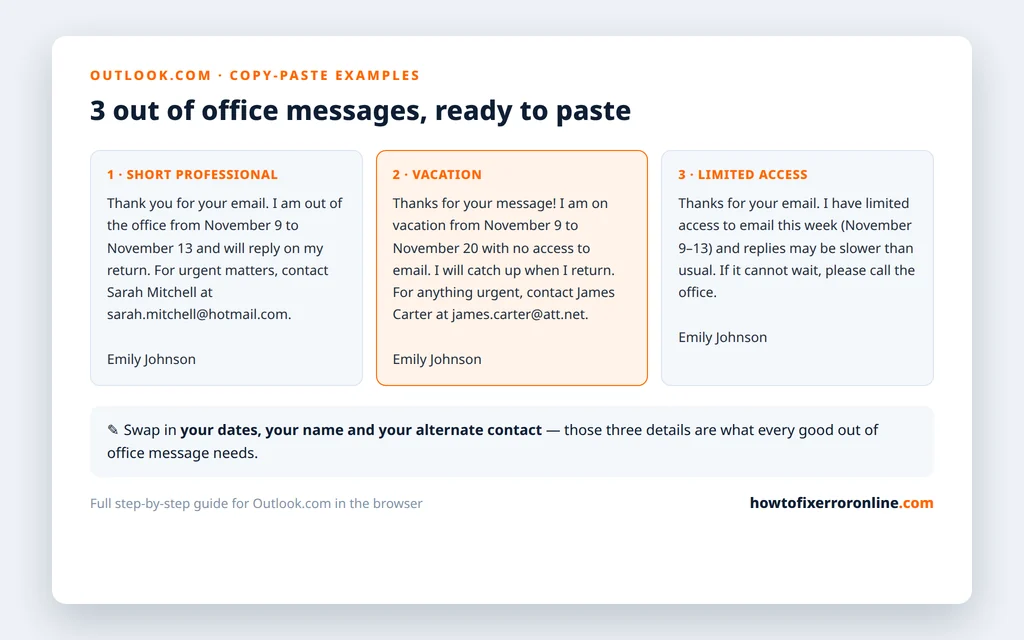 Three copy-paste out of office message examples for Outlook.com — short professional, vacation, and limited access, with sample dates and Emily Johnson's name