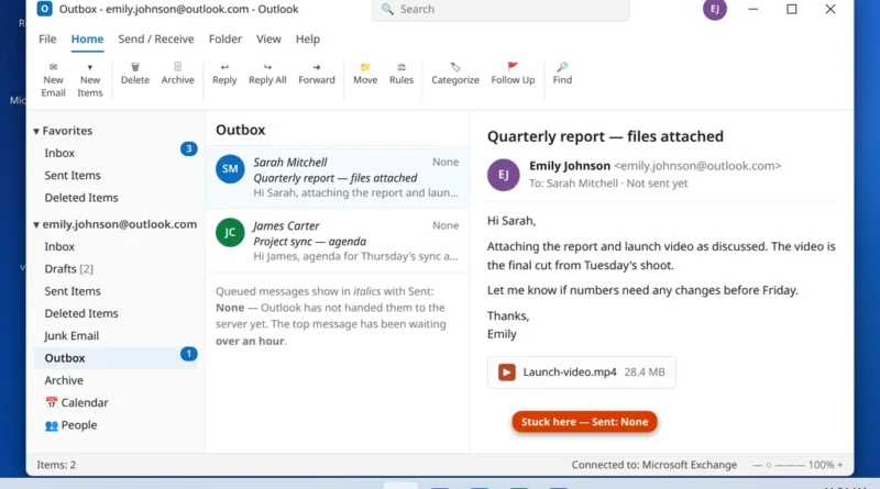 Outlook Outbox folder showing an email stuck and not sending