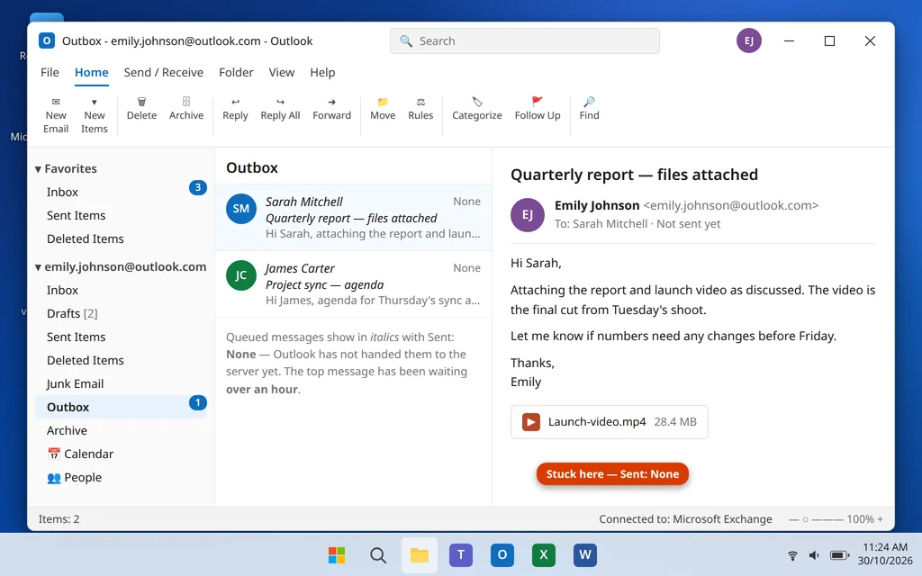 Outlook Outbox folder showing an email stuck and not sending
