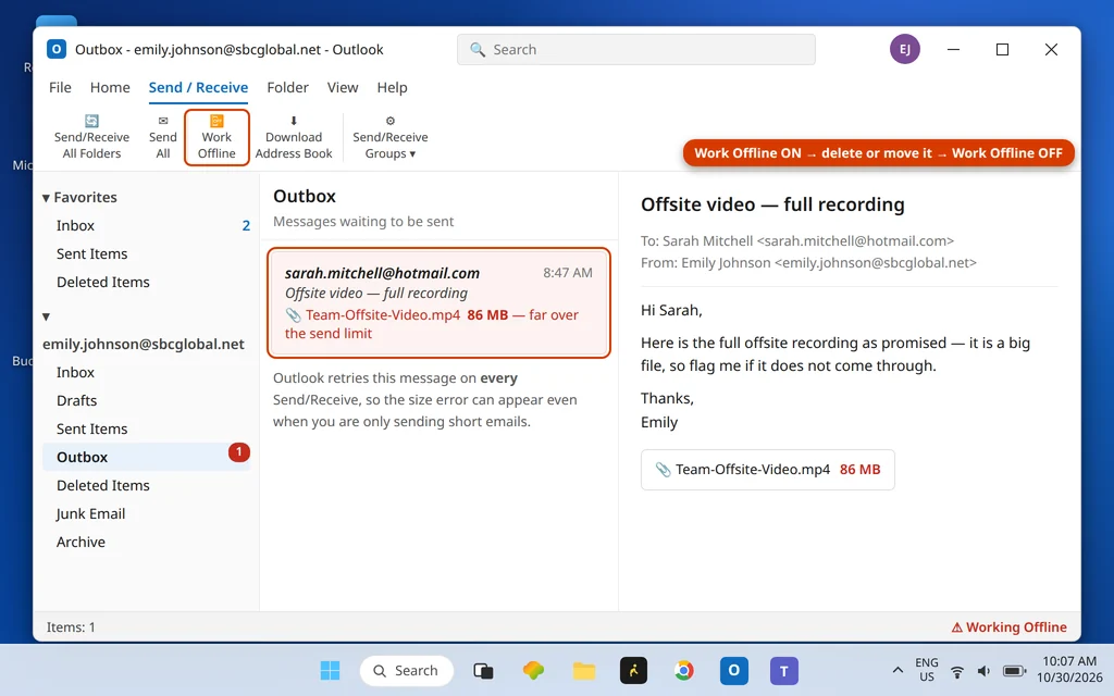 Outlook Outbox with an oversized 86 MB video attachment message selected while Work Offline is on
