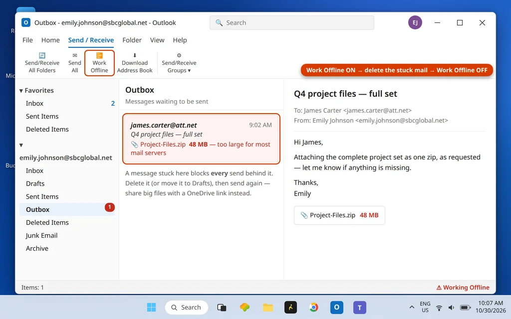 Outlook Outbox with a stuck email carrying a 48 MB attachment and Work Offline turned on